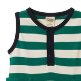 Green and white striped baby romper with black trim on a white background