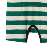 Close-up of green and white striped romper with a pocket on a white background