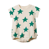Baby romper with green star pattern on a white background
