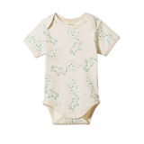 Baby onesie with green elephant pattern on a white background