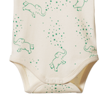 Beige baby onesie with green elephant pattern on a white background