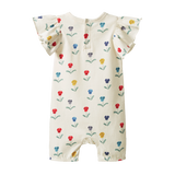 Back view of Baby romper with floral pattern on a white background