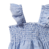 Close-up of a blue and white striped dress with ruffled shoulder straps and smocked waist on a white background