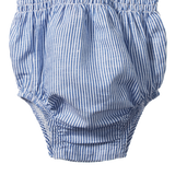 Blue and white striped baby bloomers on a white background