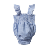 Blue and white striped baby romper with bloomers on a white background