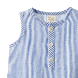 Blue and white striped baby outfit with buttons on a white background