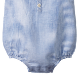 Close up of Blue and white striped baby romper on a white background