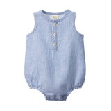 Blue and white striped baby romper with buttons on a white background