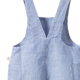 Back view of Blue and white striped overalls on a white background