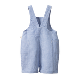 Back view of Blue and white striped overalls on a white background