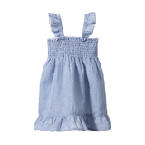 Blue and white striped dress with ruffled details on a white background