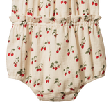 Bottom half of Baby romper with strawberry pattern on a white background