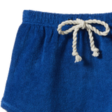 Blue shorts with a white drawstring on a white background