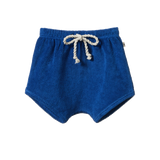 Blue shorts with a drawstring on a white background