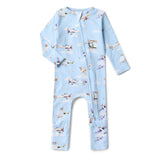Light blue baby onesie with airplane pattern on a white background
