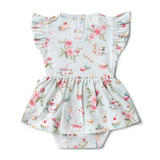 Back view of Floral and dessert-themed baby romper on a white background