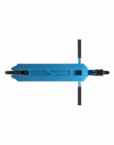 Underside of a Blue scooter with black handles on a white background