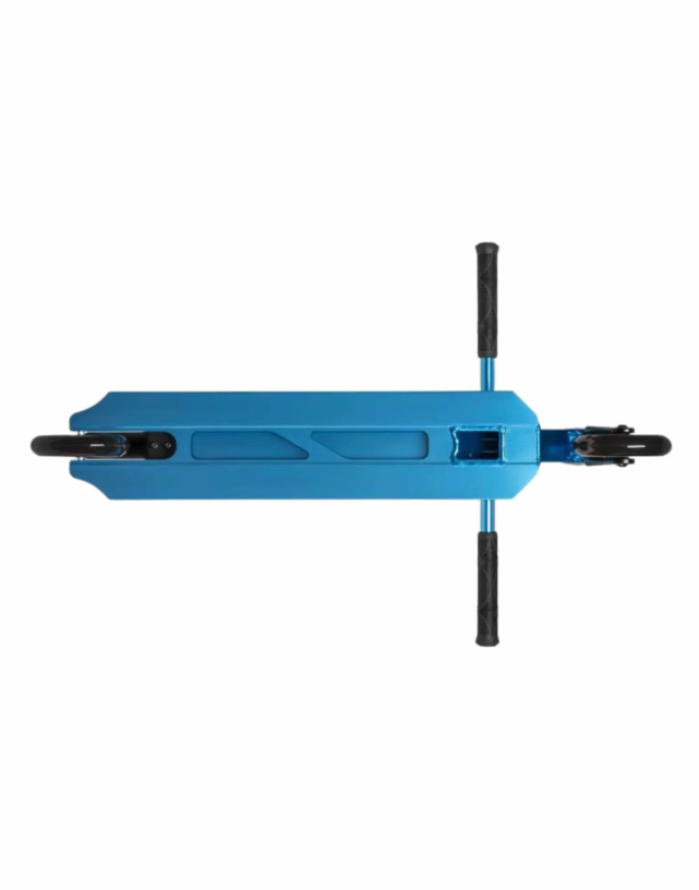 Underside of a Blue scooter with black handles on a white background