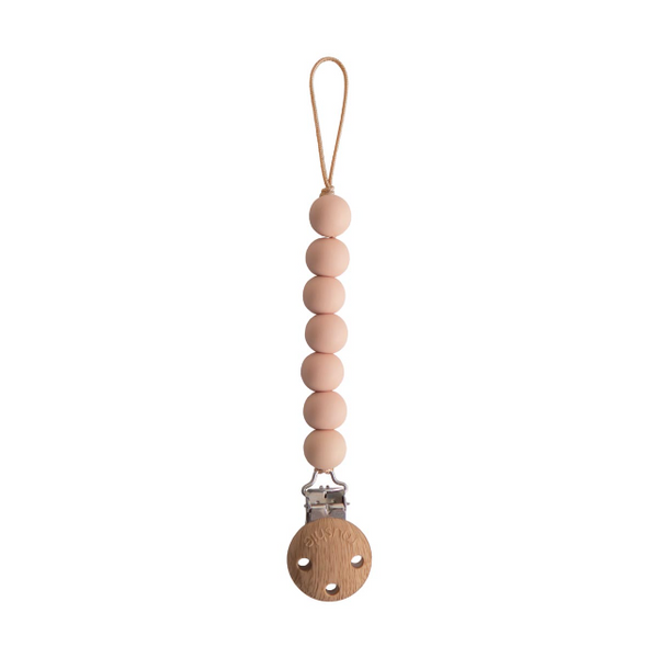 Beaded pacifier clip with wooden clasp on a white background