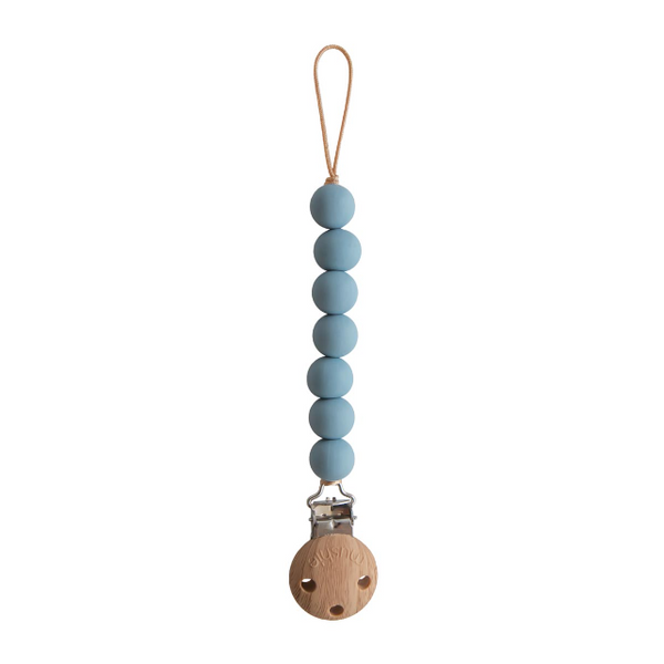 pacifier chain with blue silicone beads and wooden clip on a white background