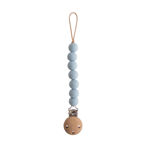 pacifier chain with blue silicone beads and wooden clip on a white background