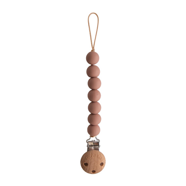 Teething chain with silicone beads and wooden pacifier clip on a white background