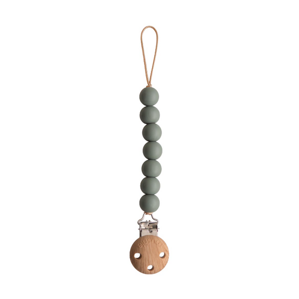 Teething chain with silicone beads and wooden pacifier clip on a white background