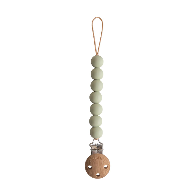 Mint green silicone beaded pacifier chain with wooden clip on a white background