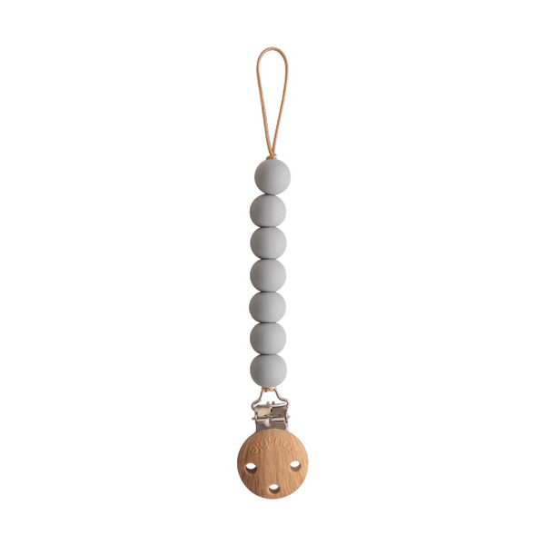 Gray silicone pacifier chain with wooden clip on a white background