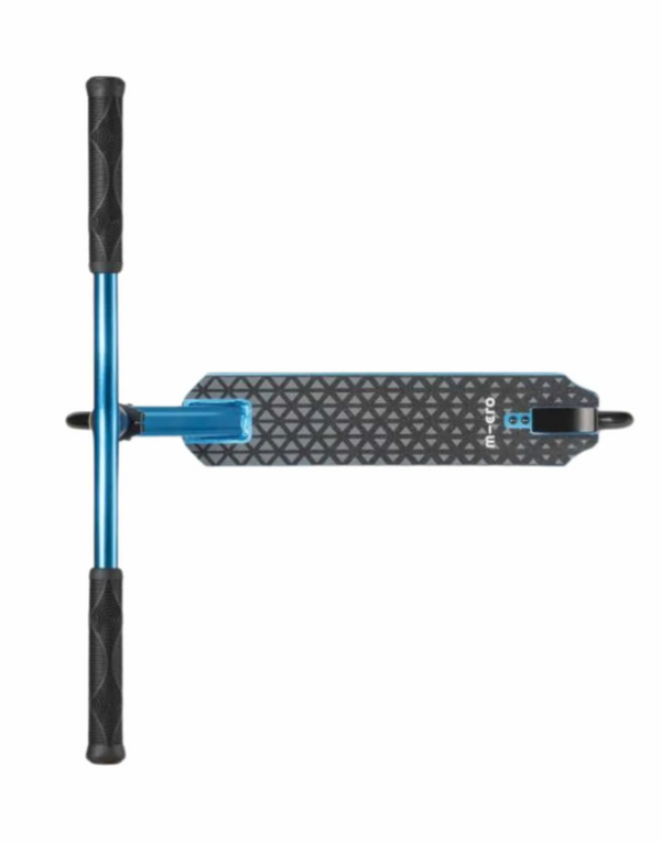 Scooter deck with blue and black handle on a white background