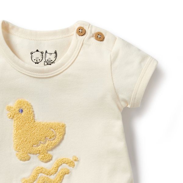 Detail view of embroidery and shoulder opening WILSON & FRENCHY Quack Organic Bodysuit