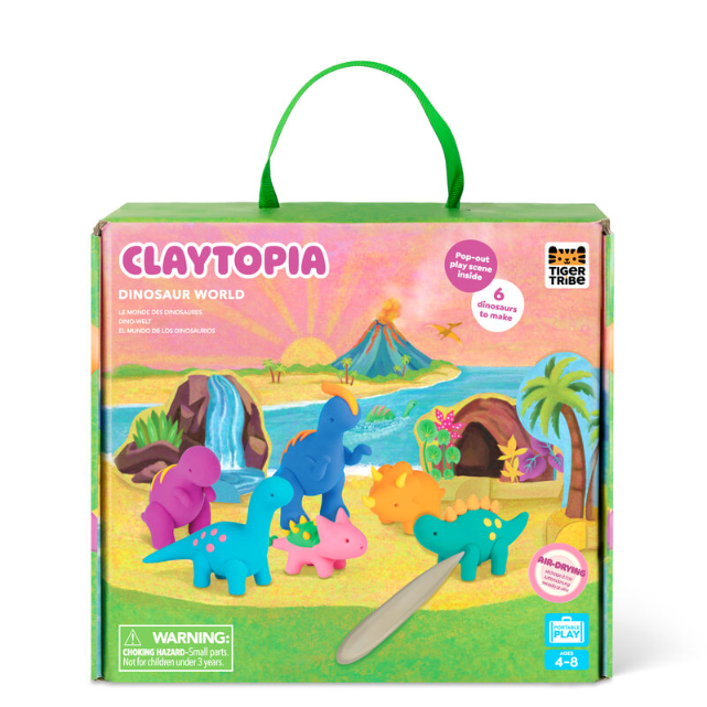 Claytopia Dinosaur World toy set packaging with colorful dinosaurs and a green handle.