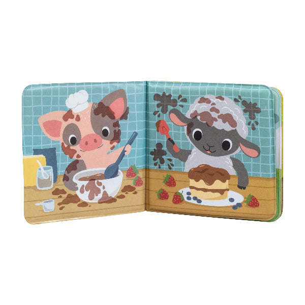TIGER TRIBE Bath Book - Messy Farm open pages with pig and sheep