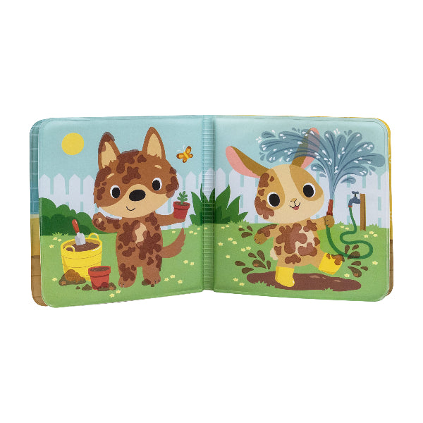 TIGER TRIBE Bath Book - Messy Farm open pages with dog and rabbit