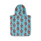 Back view of Hooded towel with lobster pattern on a blue background