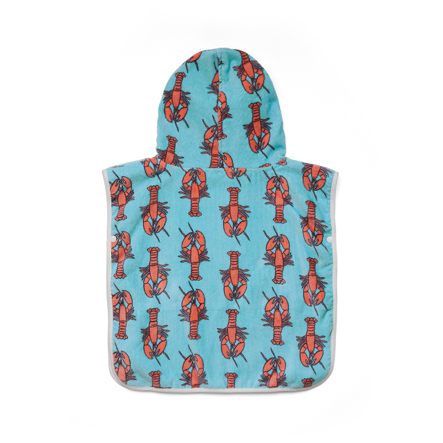 Back view of Hooded towel with lobster pattern on a blue background