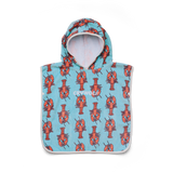 Hooded poncho with lobster pattern on a light blue background