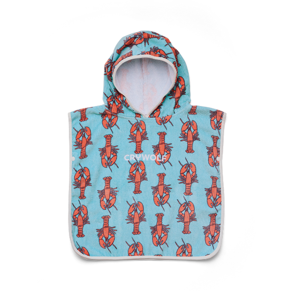 Hooded poncho with lobster pattern on a light blue background