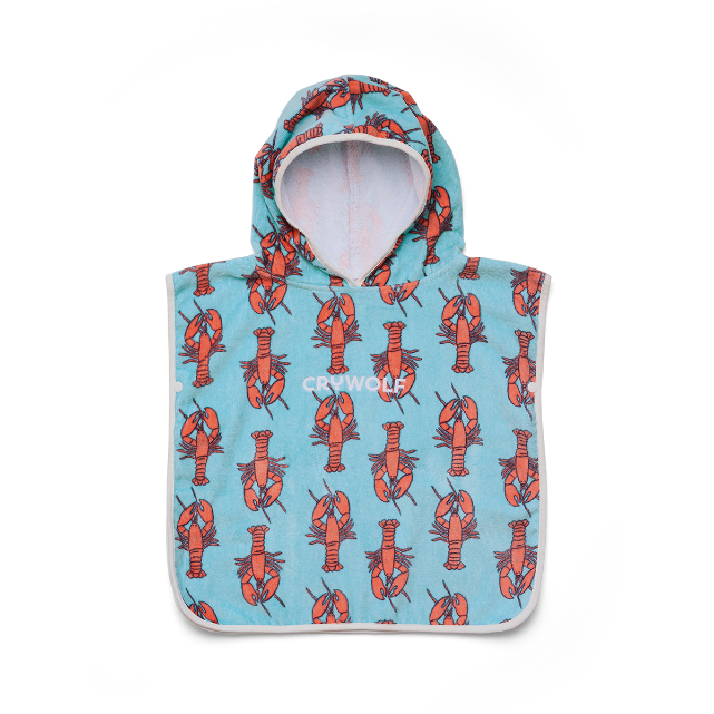Hooded poncho with lobster pattern on a light blue background