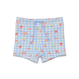 Light blue checkered shorts with fruit pattern on a white background