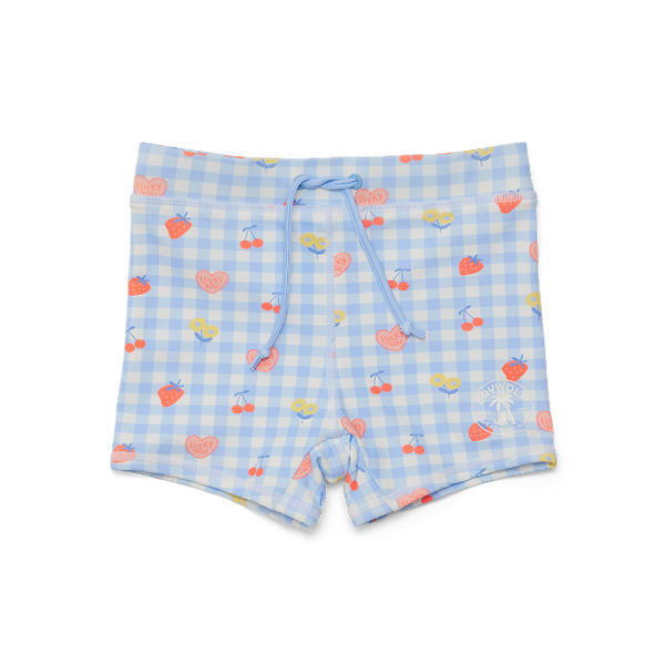 Light blue checkered shorts with fruit pattern on a white background