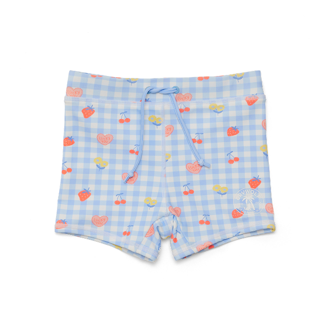 Light blue checkered shorts with fruit pattern on a white background