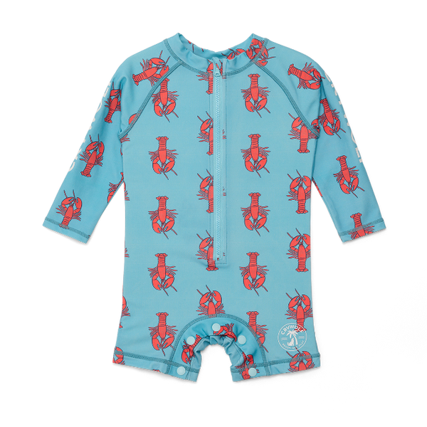 Blue baby swimsuit with red lobster pattern on a white background
