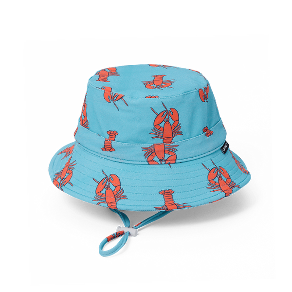 Blue bucket hat with red lobster pattern on a white background
