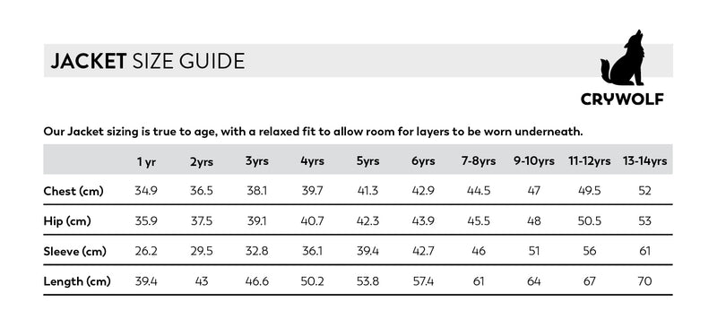 Crywolf Play Jacket Size Chart