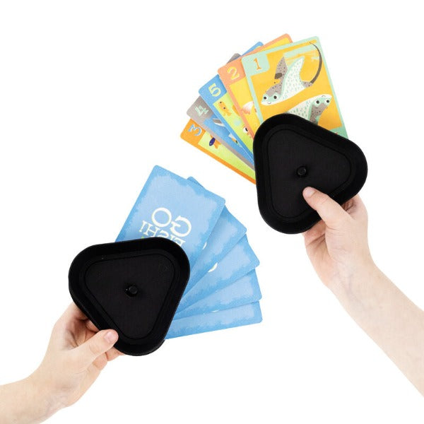 Kids holding cards in the ergonomic holders