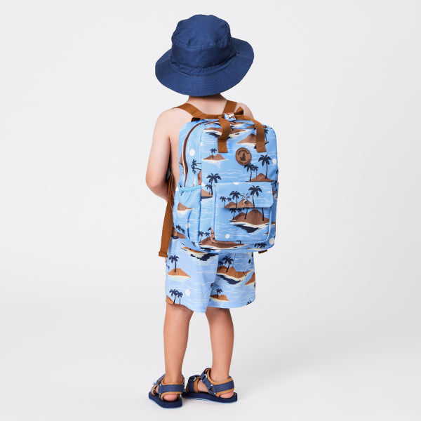 Boy wearing CRYWOLF Mini Backpack - Blue Lost Island back view