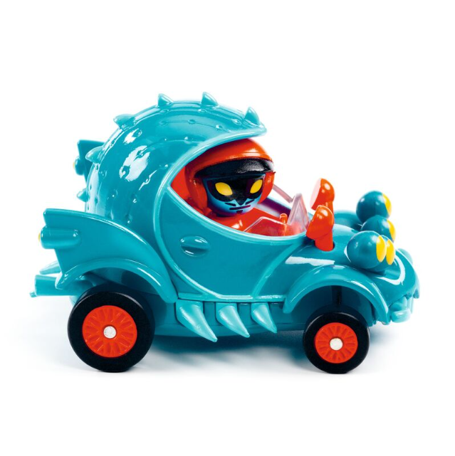 Toy car with a character inside on a white background