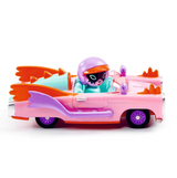 Toy car with a character inside on a white background