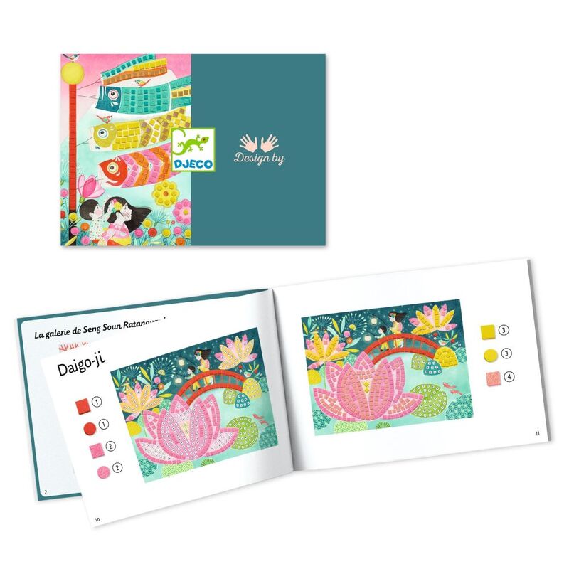 Colourful children's instruction book with open pages showing illustrations and a DJECO branding card.